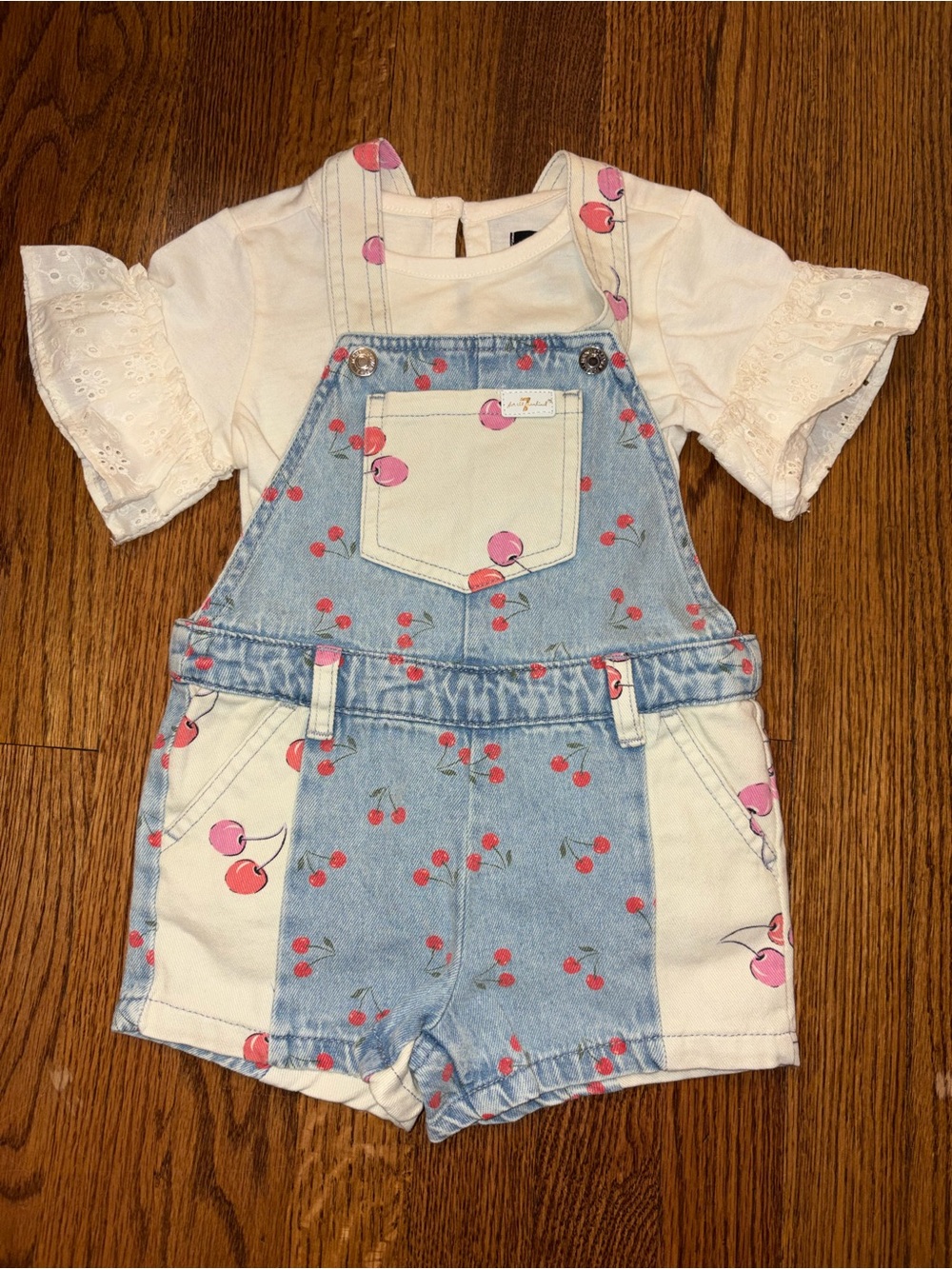 New 7 For All Mankind Light Blue Cherry Denim Short Overalls with Tee 3T